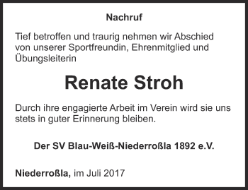 Traueranzeige von Renate Stroh von Thüringer Allgemeine, Thüringische Landeszeitung