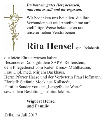 Traueranzeige von Rita Hensel von Thüringer Allgemeine, Thüringische Landeszeitung