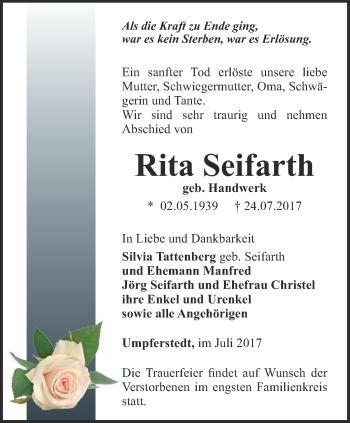 Traueranzeige von Rita Seifarth von Thüringer Allgemeine, Thüringische Landeszeitung