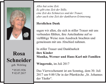 Traueranzeige von Rosa Schneider von Thüringer Allgemeine