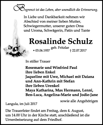 Traueranzeige von Rosalinde Schulz von Thüringer Allgemeine, Thüringische Landeszeitung