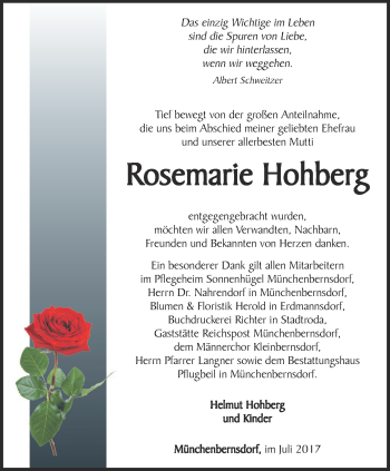 Traueranzeige von Rosemarie Hohberg von Ostthüringer Zeitung