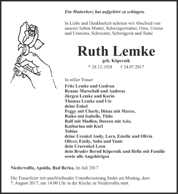 Traueranzeige von Ruth Lemke von Thüringer Allgemeine, Thüringische Landeszeitung