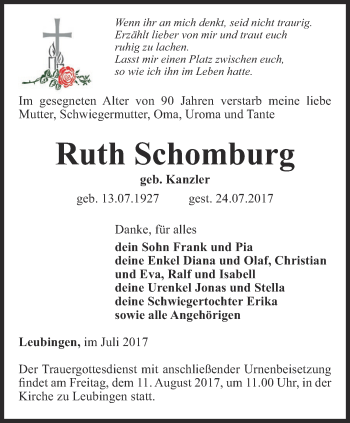 Traueranzeige von Ruth Schomburg von Thüringer Allgemeine