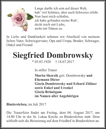 Traueranzeige von Siegfried Dombrowsky von Thüringer Allgemeine, Thüringische Landeszeitung