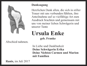 Traueranzeige von Ursula Enke von Ostthüringer Zeitung