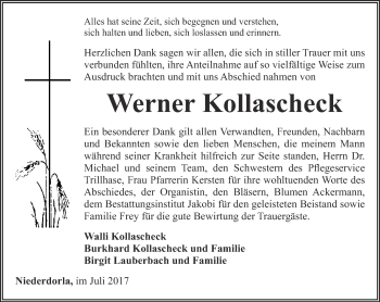 Traueranzeige von Werner Kollascheck von Thüringer Allgemeine, Thüringische Landeszeitung