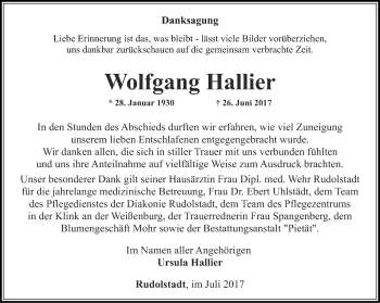 Traueranzeige von Wolfgang Hallier von Ostthüringer Zeitung