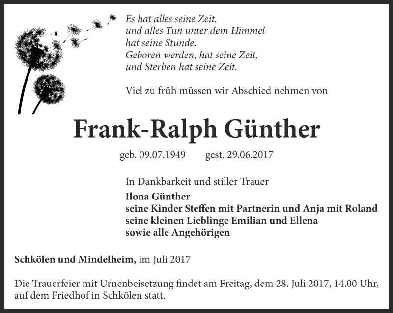  Traueranzeige für Frank-Ralph Günther vom 04.07.2017 aus Ostthüringer Zeitung