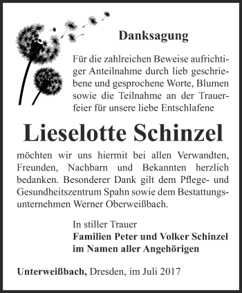 Traueranzeige von Lieselotte Schinzel von Ostthüringer Zeitung