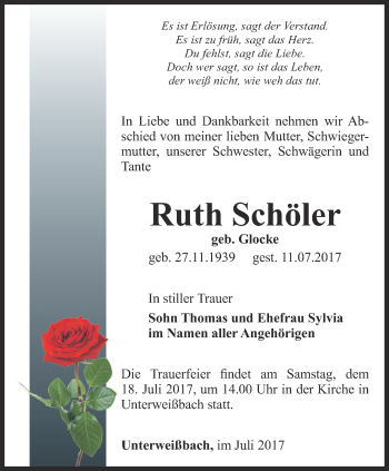 Traueranzeige von Ruth Schöler von Ostthüringer Zeitung