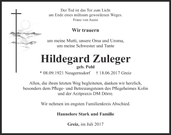 Traueranzeige von Hildegard Zuleger