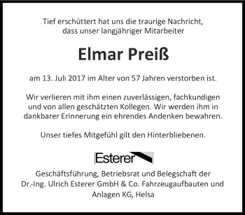 Traueranzeige von Elmar Preiß von Thüringer Allgemeine