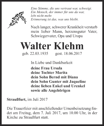 Traueranzeige von Walter Klehm von Thüringer Allgemeine