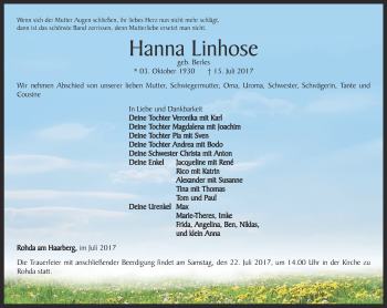 Traueranzeige von Hanna Linhose von Thüringer Allgemeine, Thüringische Landeszeitung