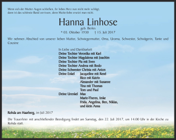 Traueranzeige von Hanna Linhose