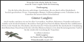 Traueranzeige von Günter Langlotz von Thüringer Allgemeine, Thüringische Landeszeitung