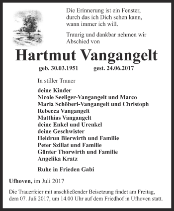 Traueranzeige von Hartmut Vangangelt von Thüringer Allgemeine, Thüringische Landeszeitung