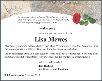 Traueranzeige von Lisa Mewes