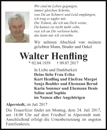 Traueranzeige von Walter Henfling von Thüringer Allgemeine, Thüringische Landeszeitung