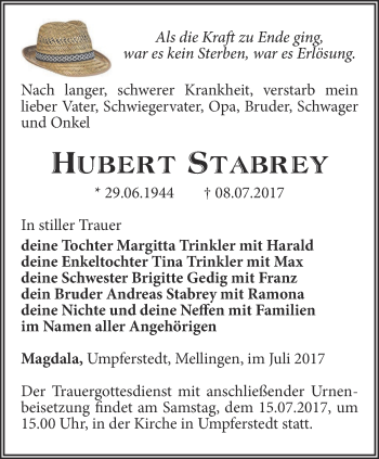 Traueranzeige von Hubert Stabrey von Thüringer Allgemeine, Thüringische Landeszeitung