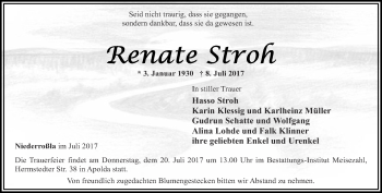 Traueranzeige von Renate Stroh von Thüringer Allgemeine, Thüringische Landeszeitung