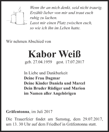 Traueranzeige von Kabor Weiß von Ostthüringer Zeitung, Thüringische Landeszeitung