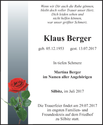 Traueranzeige von Klaus Berger von Ostthüringer Zeitung