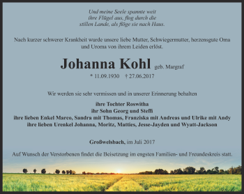 Traueranzeige von Johanna Kohl von Thüringer Allgemeine, Thüringische Landeszeitung