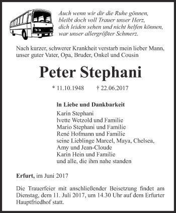 Traueranzeige von Peter Stephani von Thüringer Allgemeine, Thüringische Landeszeitung