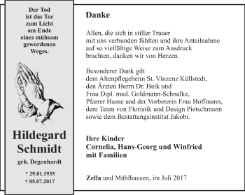 Traueranzeige von Hildegard Schmidt von Thüringer Allgemeine, Thüringische Landeszeitung