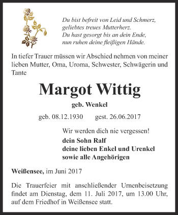 Traueranzeige von Margot Wittig von Thüringer Allgemeine