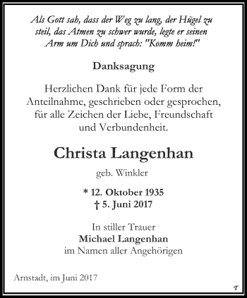 Traueranzeige von Christa Langenhan von Thüringer Allgemeine