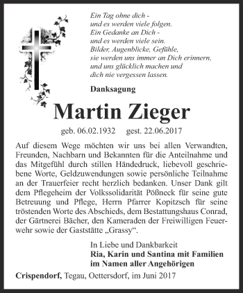 Traueranzeige von Martin Zieger von Ostthüringer Zeitung