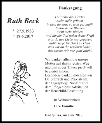 Traueranzeige von Ruth Beck von Thüringer Allgemeine, Thüringische Landeszeitung