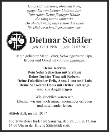 Traueranzeige von Dietmar Schäfer von Thüringer Allgemeine, Thüringische Landeszeitung