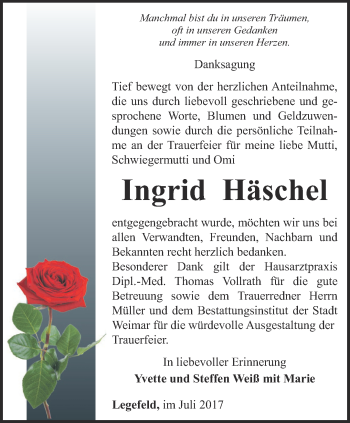 Traueranzeige von Ingrid Häschel von Thüringer Allgemeine