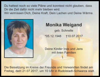 Traueranzeige von Monika Weigand von Ostthüringer Zeitung