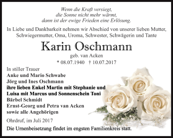 Traueranzeige von Karin Oschmann von Ostthüringer Zeitung, Thüringische Landeszeitung