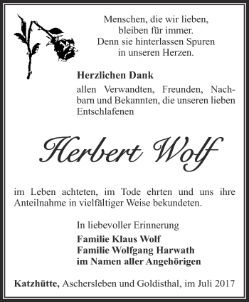 Traueranzeige von Herbert Wolf von Ostthüringer Zeitung