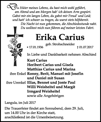 Traueranzeige von Erika Carius von Thüringer Allgemeine, Thüringische Landeszeitung