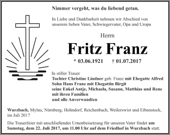 Traueranzeige von Fritz Franz von Ostthüringer Zeitung