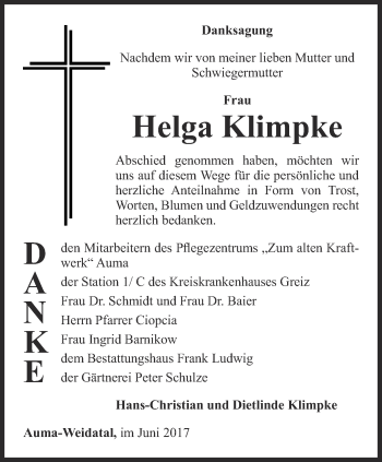 Traueranzeige von Helga Klimpke von Ostthüringer Zeitung