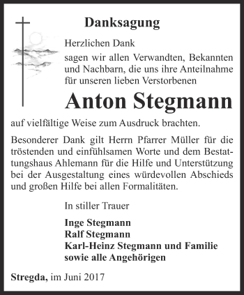 Traueranzeige von Anton Stegmann von Thüringer Allgemeine, Thüringische Landeszeitung