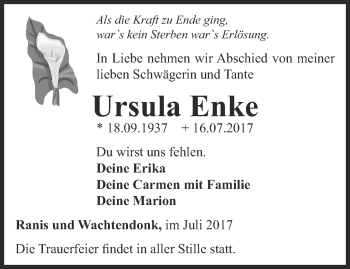 Traueranzeige von Ursula Enke von Ostthüringer Zeitung