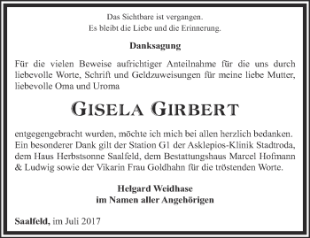 Traueranzeige von Gisela Girbert