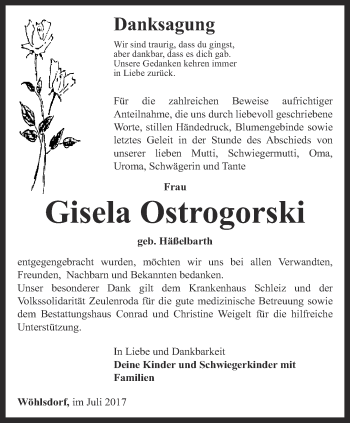 Traueranzeige von Gisela Ostrogorski von Ostthüringer Zeitung