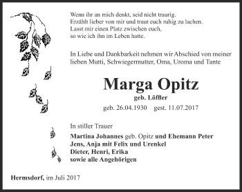 Traueranzeige von Marga Opitz von Ostthüringer Zeitung