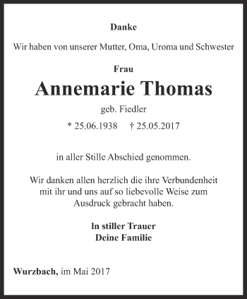 Traueranzeige von Annemarie Thomas von Ostthüringer Zeitung