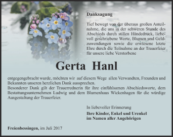 Traueranzeige von Greta Hanl von Thüringer Allgemeine